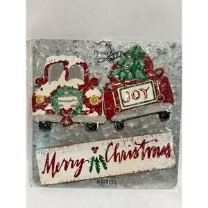 Primitives By Kathy Christmas Red Truck Farmhouse Wood glitter magnets set of 3